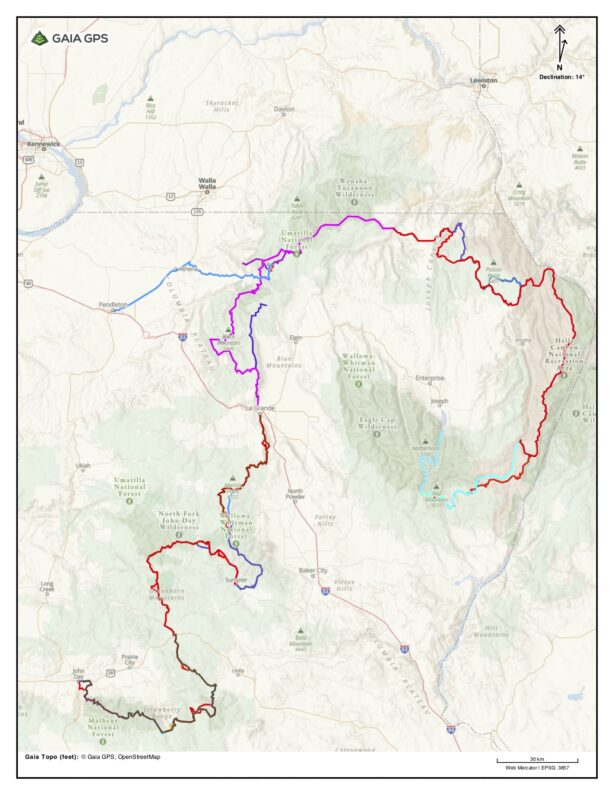 Map of the Blue Mountain Trail in NE Oregon